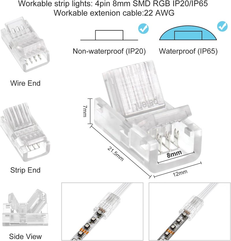 RGBZONE 10Pcs LED Strip Connector 4 Pin 8mm,Wide Strip to Wire Quick Connectors for Waterproof or Non-Waterproof 8mm Wide RGB SMD 5050/3528 LED Light Strip - Image 2